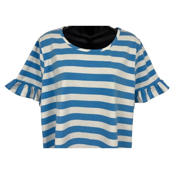 NY Collection Blue White Stripe Ruffle Sleeve Top Extra Large XL Round Neck New - Picture 2 of 8